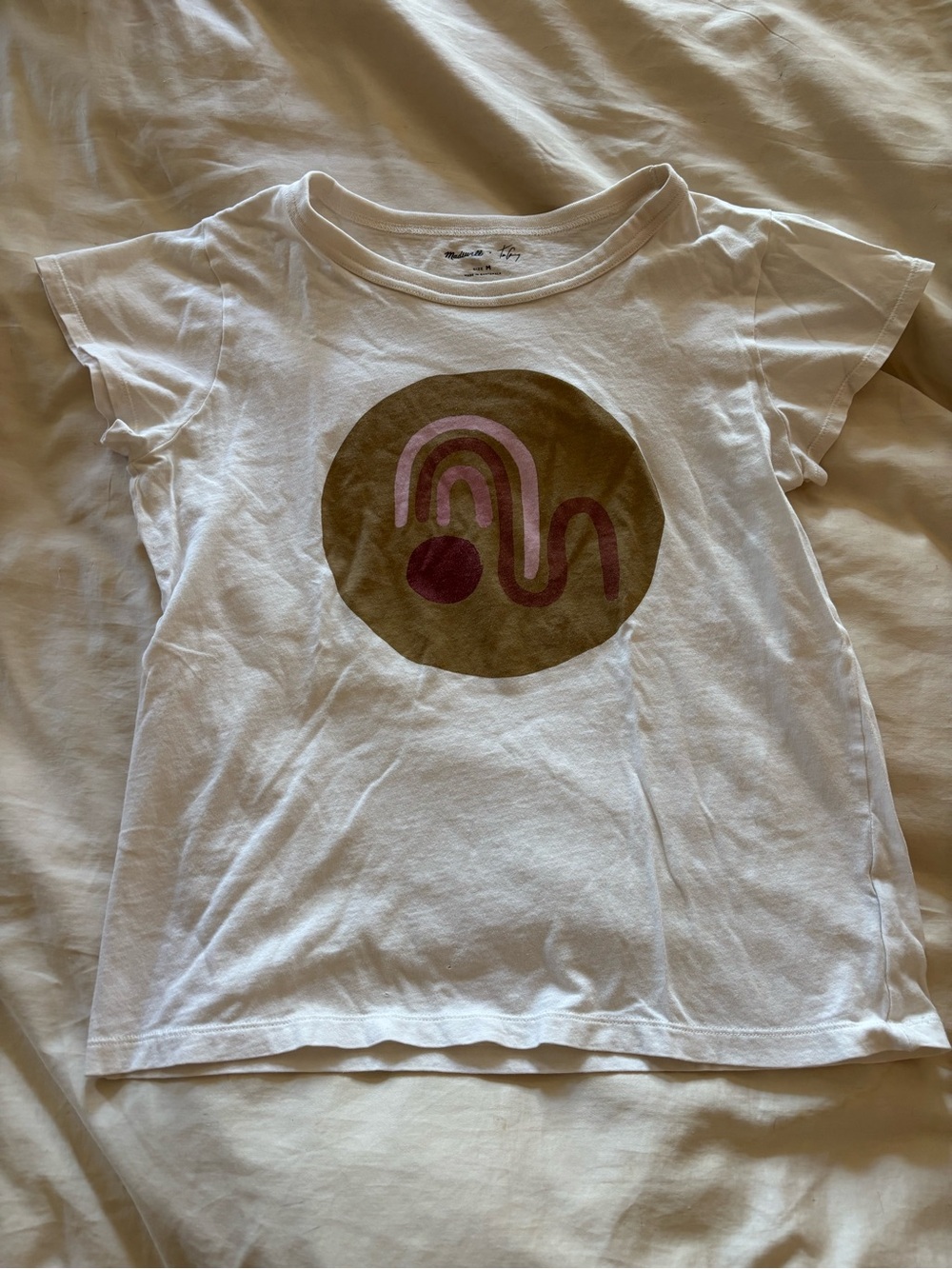 Madewell White Short Sleeve Tee with Brown Circle & Pink Graphic